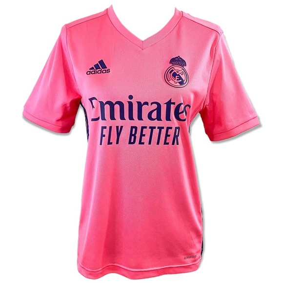 Adidas Pink and Navy Blue Emirates Fly Better Striped Short Sleeve V Neck Top - Picture 1 of 10